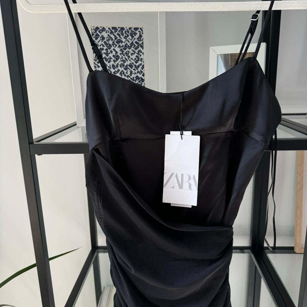 Zara Black Mesh Ruched Sleeveless Cinched Sides Mini Dress Women’s Size XS - Picture 5 of 11
